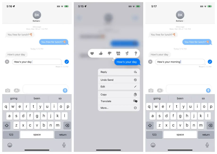 ویرایش یا پاک کردن پیام در iMessage در iOS 16